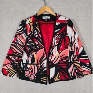 Kasper Womens Tropical Palm Leaf Blazer Red Black White Open Front Jacket Size 8